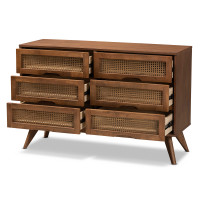 Baxton Studio MG9001-Rattan-6DW-Dresser Barrett Mid-Century Modern Walnut Brown Finished Wood and Synthetic Rattan 6-Drawer Dressere